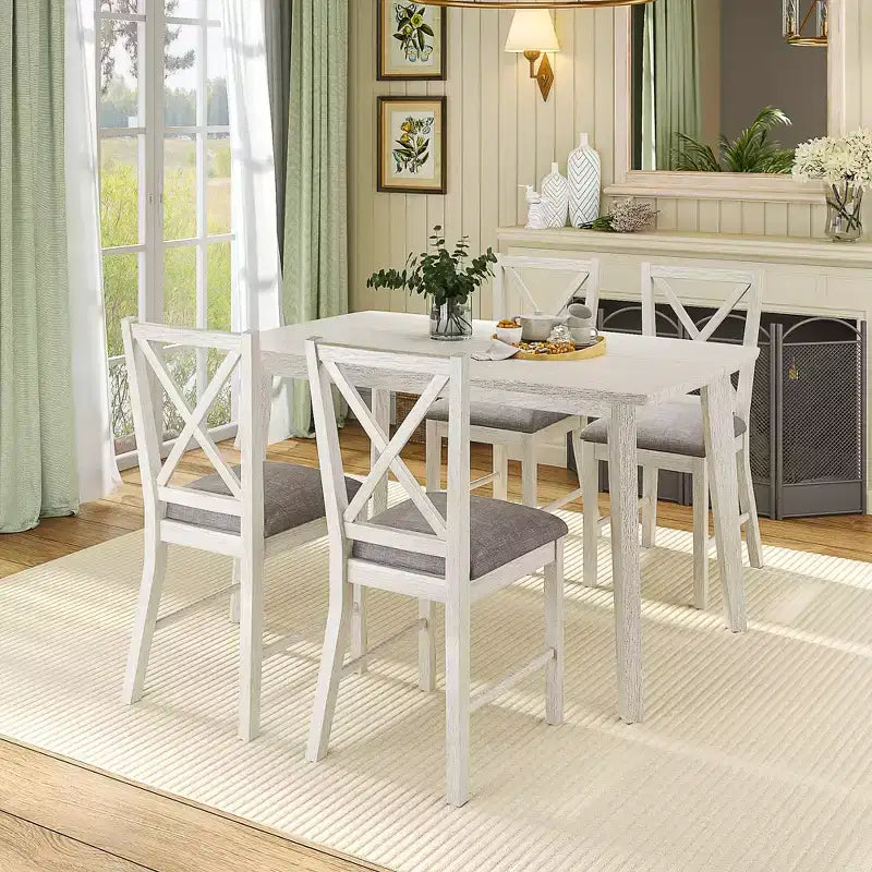 Set da pranzo in stile rustico VECELO, tavolo in legno di gomma e sedie da pranzo imbottite, grigio