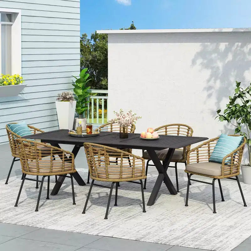 Christopher Knight Home Rogge Outdoor Wicker and Aluminum 7 Piece Expandable Dining Set with Cushion, Light Brown/Matte Black
