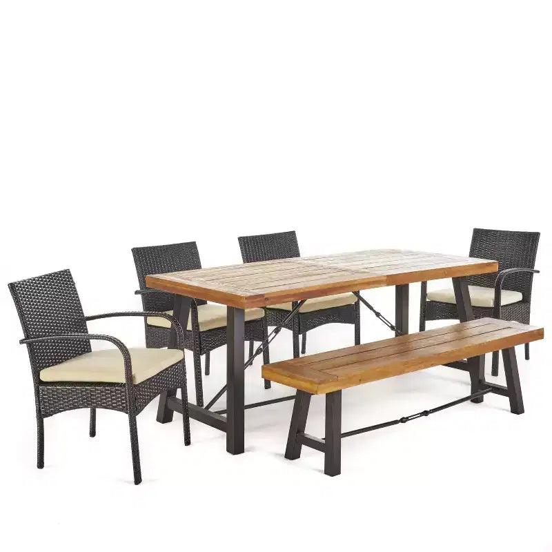 Christopher Knight Home Betsys, set da pranzo da esterno in legno di acacia e vimini, 6 pezzi con panca, teak/marrone mélange