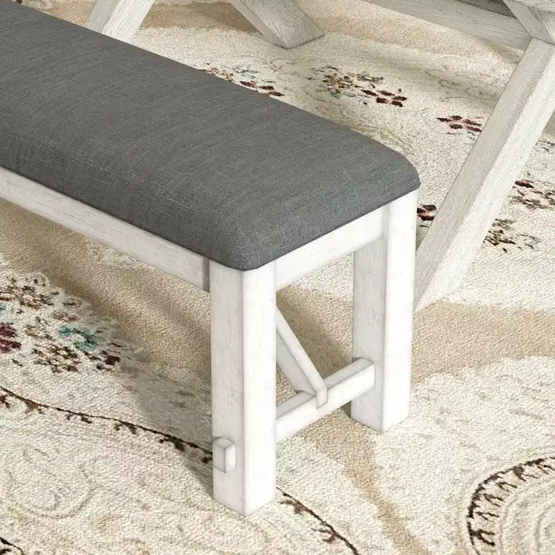 Set da pranzo allungabile rustico VECELO a 6 pezzi, tavolo in legno di caucciù con 4 sedie da pranzo imbottite senza braccioli e panca per cucina, grigio