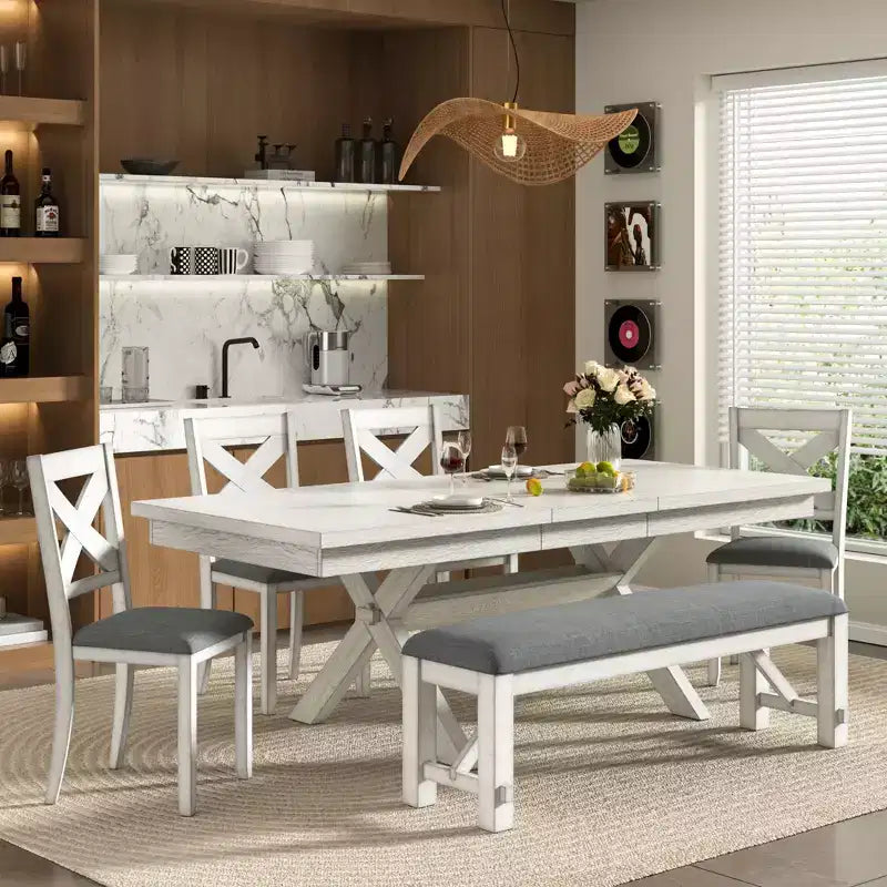 Set da pranzo allungabile rustico VECELO a 6 pezzi, tavolo in legno di caucciù con 4 sedie da pranzo imbottite senza braccioli e panca per cucina, grigio