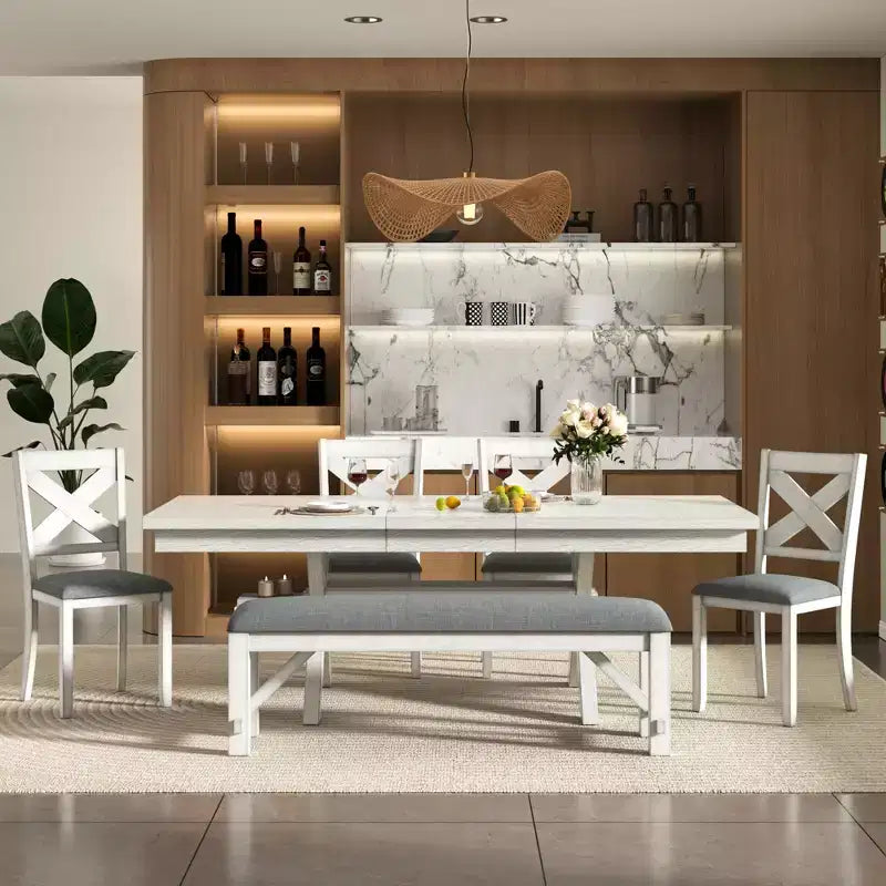 Set da pranzo allungabile rustico VECELO a 6 pezzi, tavolo in legno di caucciù con 4 sedie da pranzo imbottite senza braccioli e panca per cucina, grigio