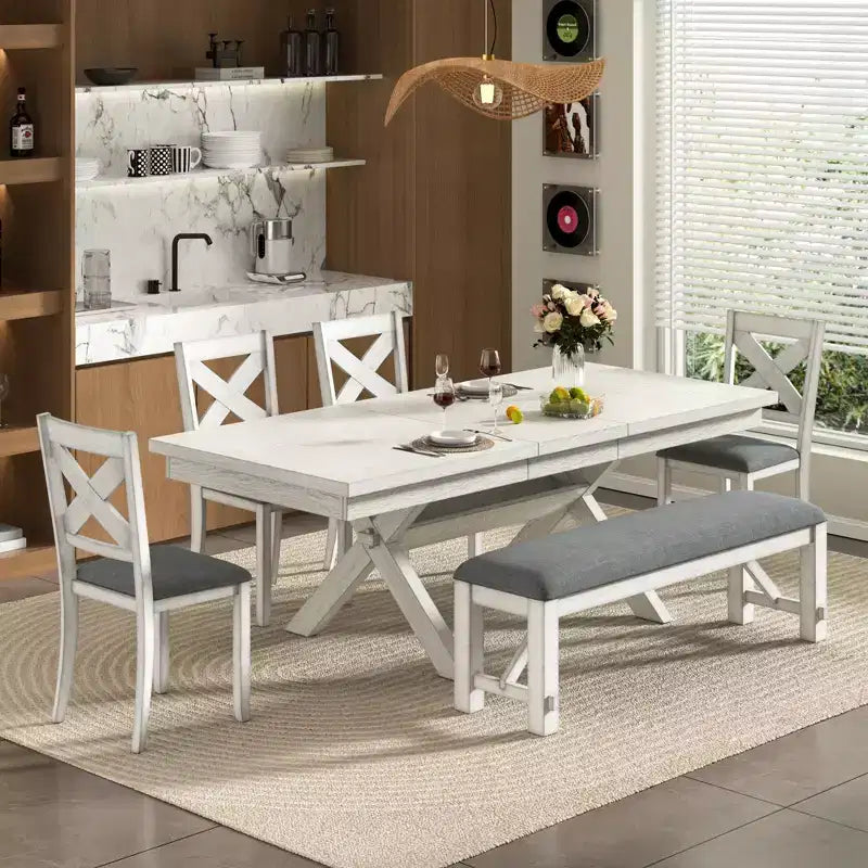Set da pranzo allungabile rustico VECELO a 6 pezzi, tavolo in legno di caucciù con 4 sedie da pranzo imbottite senza braccioli e panca per cucina, grigio