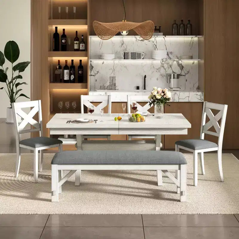 Set da pranzo allungabile rustico VECELO a 6 pezzi, tavolo in legno di caucciù con 4 sedie da pranzo imbottite senza braccioli e panca per cucina, grigio
