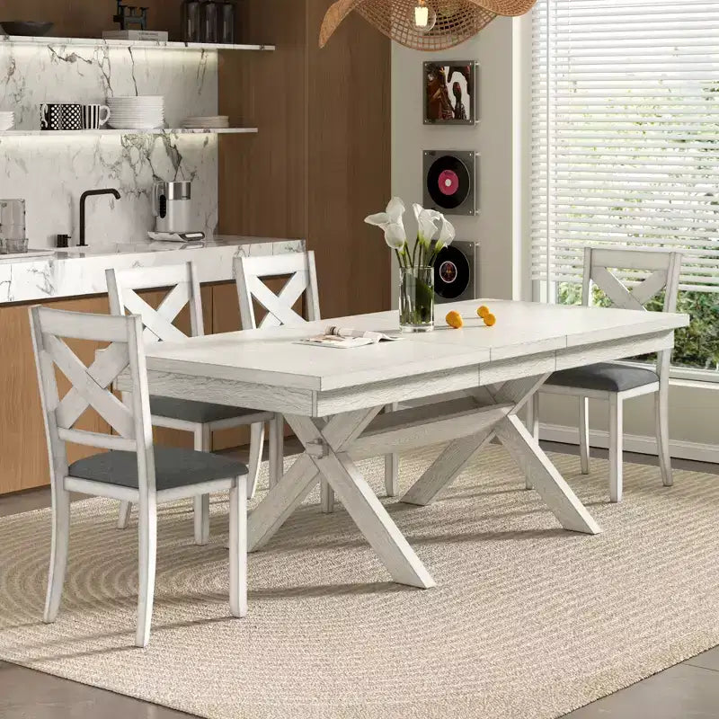 Set da pranzo allungabile rustico VECELO a 6 pezzi, tavolo in legno di caucciù con 4 sedie da pranzo imbottite senza braccioli e panca per cucina, grigio