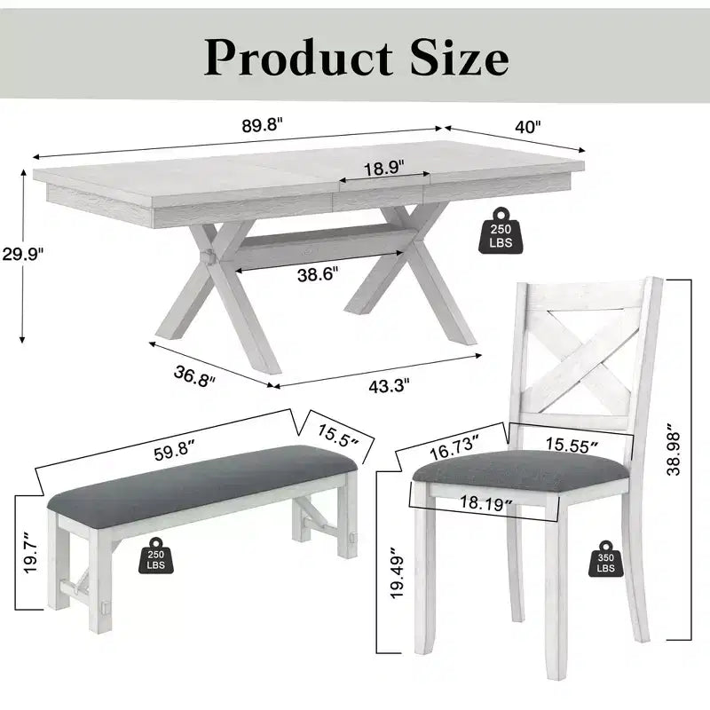 Set da pranzo allungabile rustico VECELO a 6 pezzi, tavolo in legno di caucciù con 4 sedie da pranzo imbottite senza braccioli e panca per cucina, grigio