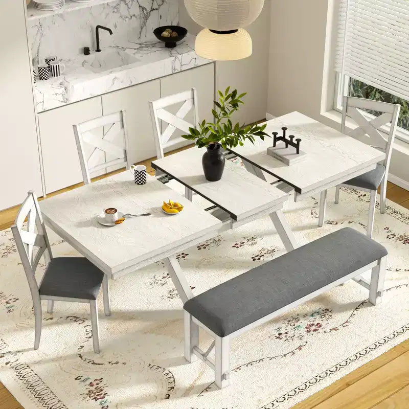 Set da pranzo allungabile rustico VECELO a 6 pezzi, tavolo in legno di caucciù con 4 sedie da pranzo imbottite senza braccioli e panca per cucina, grigio