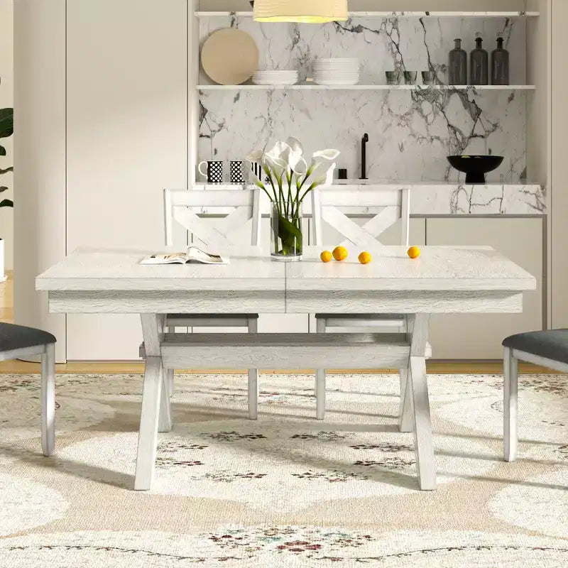 Set da pranzo allungabile rustico VECELO a 6 pezzi, tavolo in legno di caucciù con 4 sedie da pranzo imbottite senza braccioli e panca per cucina, grigio