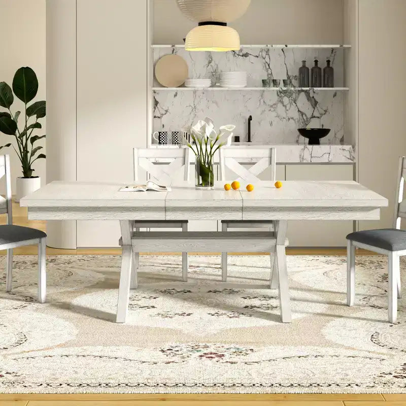 Set da pranzo allungabile rustico VECELO a 6 pezzi, tavolo in legno di caucciù con 4 sedie da pranzo imbottite senza braccioli e panca per cucina, grigio