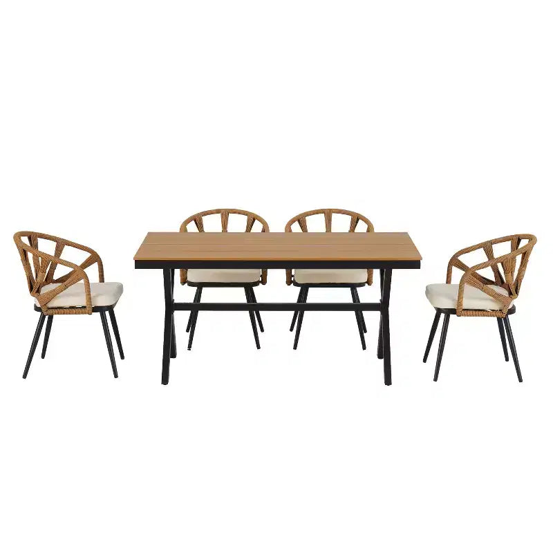 Set da esterno contemporaneo Whisen con sedie in rattan PE e tavolo in legno plastico, adatto per giardini e prati