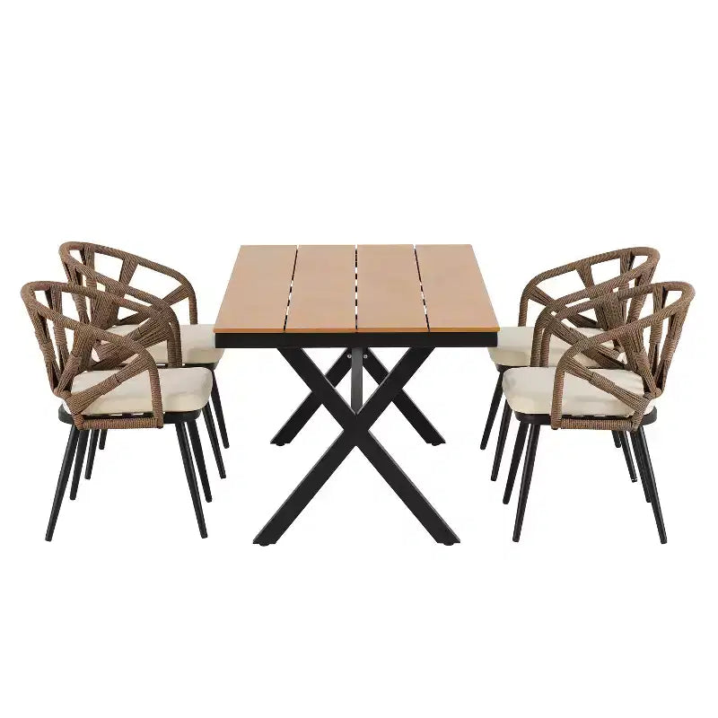 Set da esterno contemporaneo Whisen con sedie in rattan PE e tavolo in legno plastico, adatto per giardini e prati