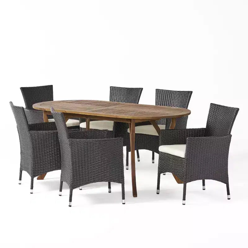 Set da pranzo a 7 pezzi Christopher Knight Home per esterno in legno di acacia e vimini con cuscini