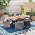 Christopher Knight Home Outdoor Acacia Wood and Wicker 7 Piece Dining Set with Cushions