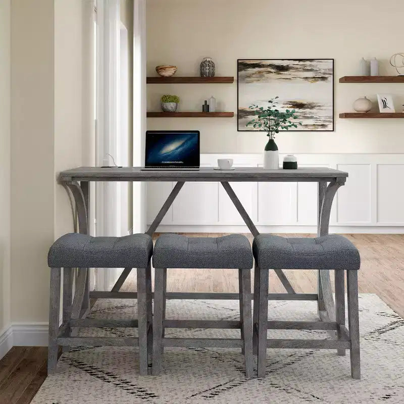 4-Piece Farmhouse Bar Height Dining Set with 3 Stool Counter Height Dining Set Breakfast Table Set Bistro Dining Set, Rustic&Industrial-ModernLuxe