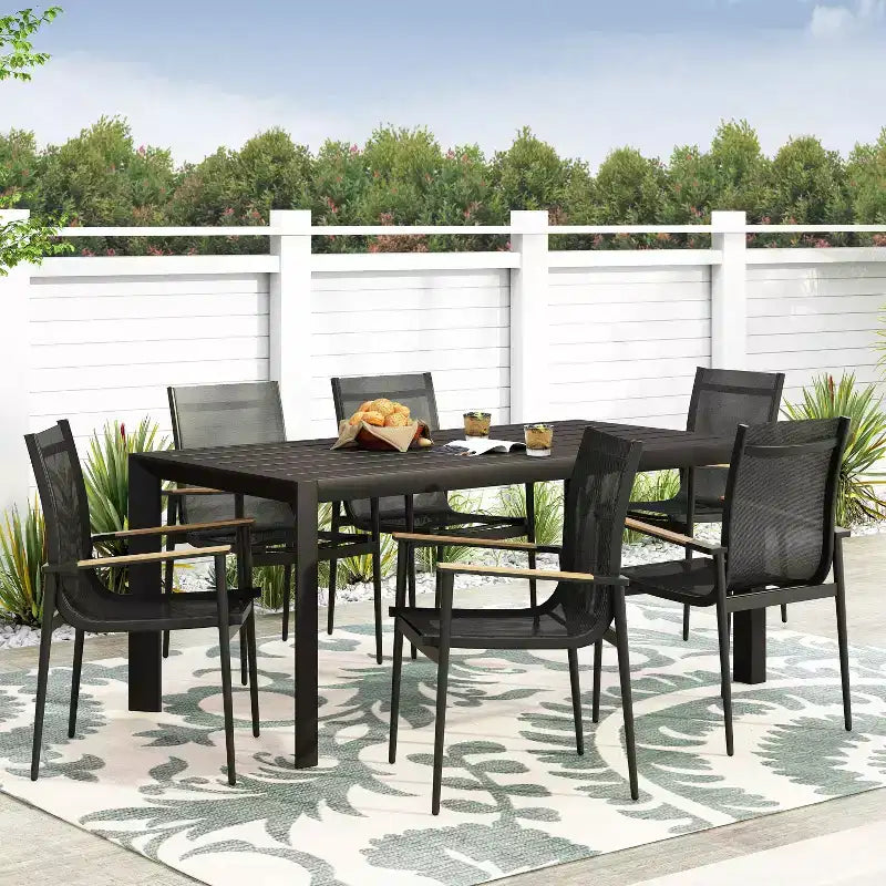 Christopher Knight Home Naop, set da pranzo da esterno in 7 pezzi in rete e alluminio, nero