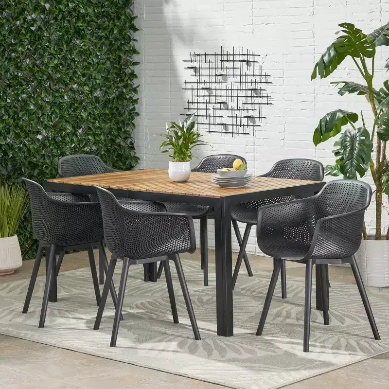 Christopher Knight Home Flora Outdoor Acacia Wood and Resin 7 Piece Dining Set, Black and Teak