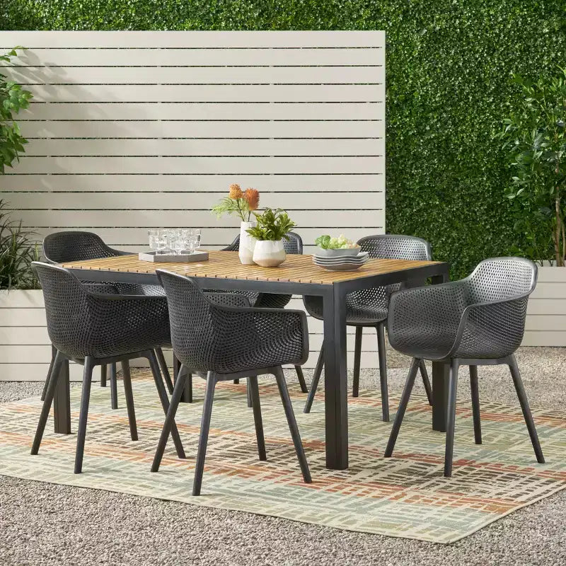 Christopher Knight Home Flora Set da pranzo da 7 pezzi da esterno in legno di acacia e resina, nero e teak