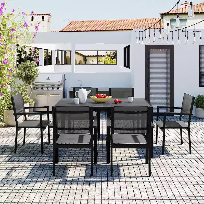 Whisen Set da Pranzo da Esterno in Acciaio a 7 Pezzi Resistente alle Intemperie, Set da Pranzo per Patio per Balcone, Giardino