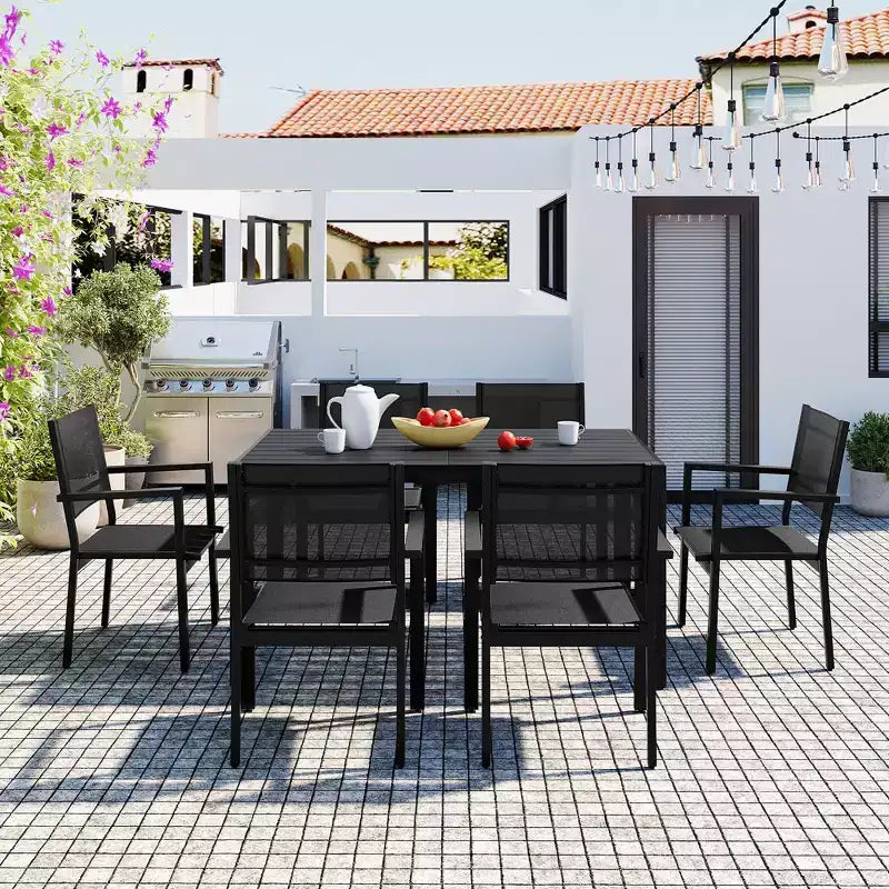 Whisen Set da Pranzo da Esterno in Acciaio a 7 Pezzi Resistente alle Intemperie, Set da Pranzo per Patio per Balcone, Giardino