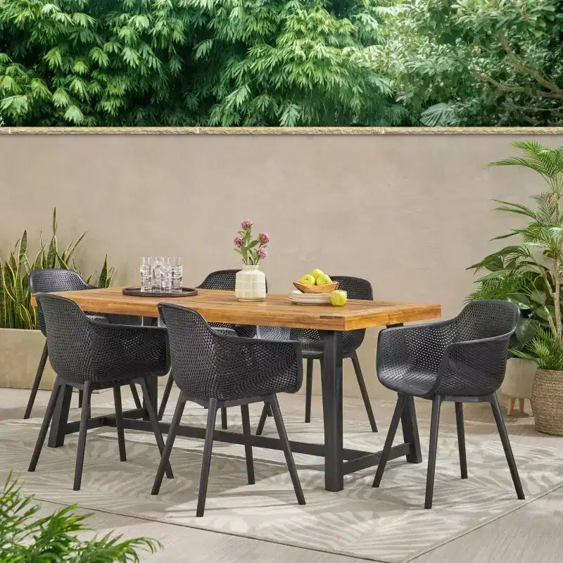 Christopher Knight Home Catalopa, set da pranzo da 7 pezzi in legno di acacia e resina, nero/tek, per esterni