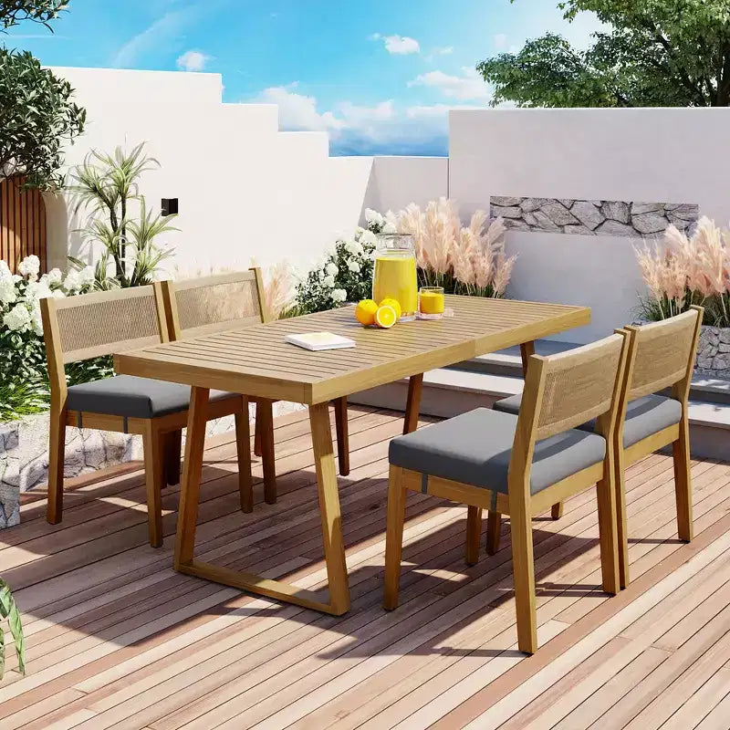 Whisen Multi-person Outdoor Acacia Wood Dining Table and Chair Set, Thick Cushions, Suitable for Balcony, Vourtyard, and Garden