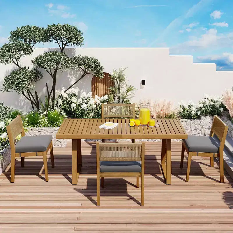 Set da pranzo con tavolo e sedie Whisen in legno di acacia per esterni, multi-persona, con cuscini spessi, adatto per balcone, cortile e giardino