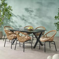 GDFStudio Benway Outdoor Wicker and Aluminum 7 Piece Dining Set with Cushion, Light Brown/Black
