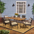 GDFStudio Santa Outdoor Wicker and Acacia Wood 7 Piece Dining Set with Cushion, Teak/Multibrown