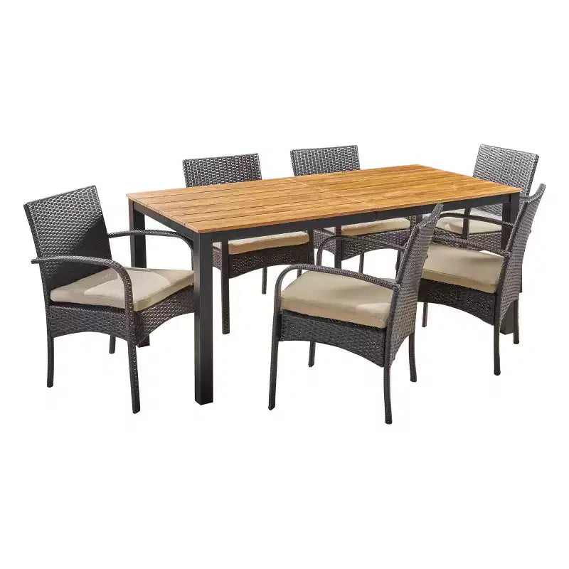Christopher Knight Home Ballard Set da pranzo da esterno 7 pezzi in vimini e legno di acacia con cuscini, Teak/Marrone multicolor