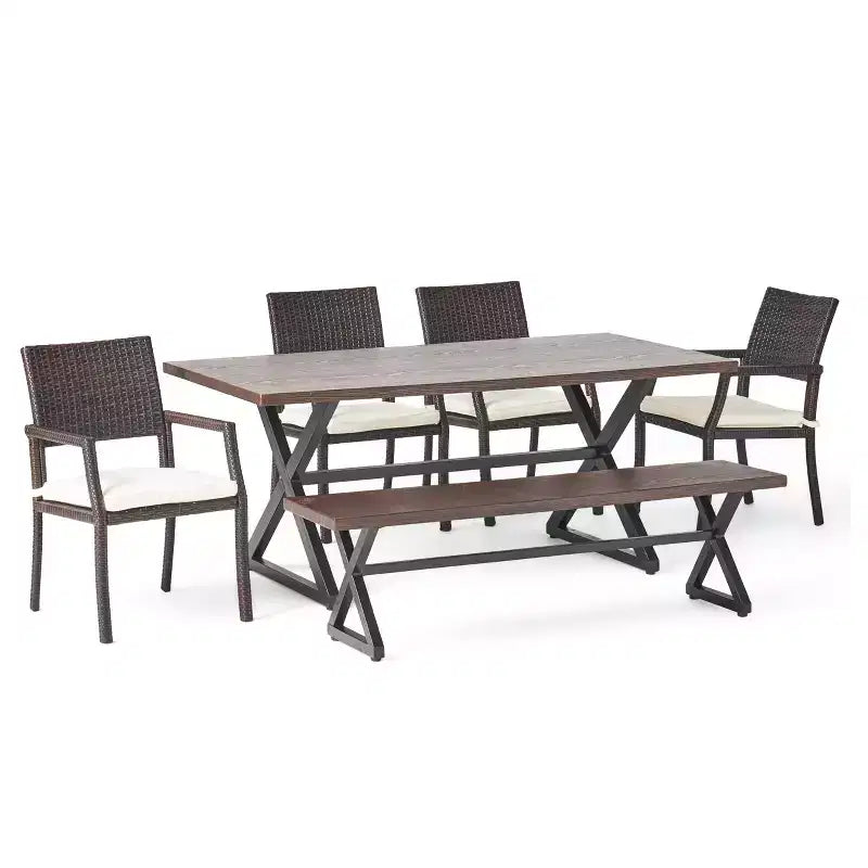 Christopher Knight Home Aisha Set da pranzo da esterno a 6 pezzi in vimini e alluminio con panca, Multimarrone/Marrone