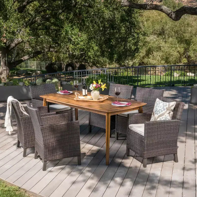 Christopher Knight Home Reese Outdoor Wicker and Acacia Wood 7 Piece Dining Set with Cushion, Multibrown/Teak