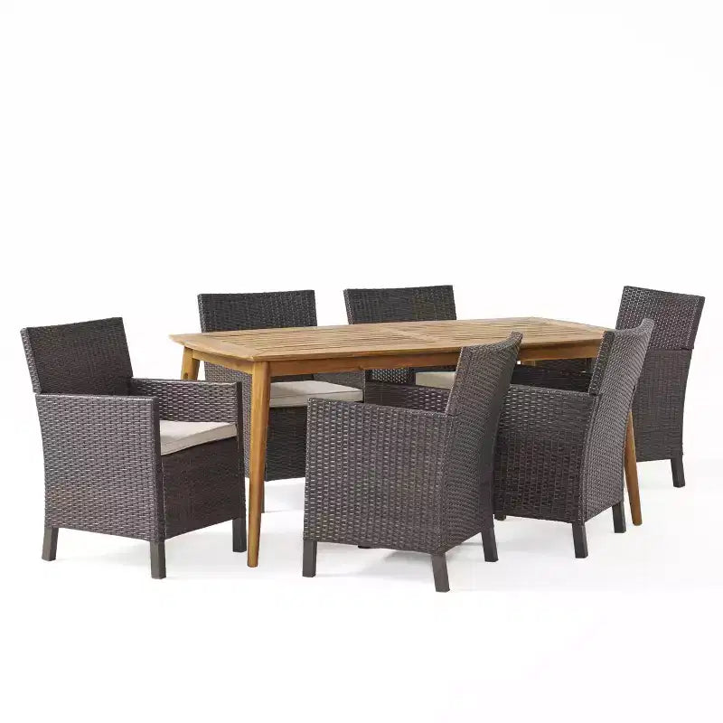 Christopher Knight Home Reese Set da Pranzo da Esterno 7 Pezzi in Rattan e Legno di Acacia con Cuscino, Marrone/Teak