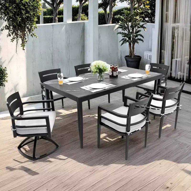 Set da Pranzo Christopher Knight Home Larry da Esterno 7 Pezzi in Alluminio e Pietra Sinterizzata con Cuscini Sunbrella Rimovibili