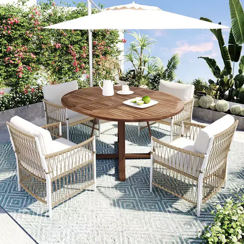 GDFStudio Eden Modern 5 Piece Patio Extendable Wooden and Iron Dining Table Set