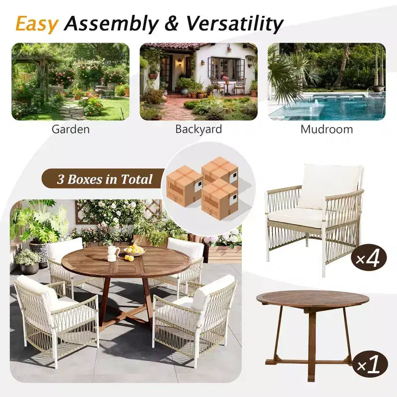 GDFStudio Eden Set da Pranzo Moderno da Esterno Allungabile 5 Pezzi in Legno e Ferro