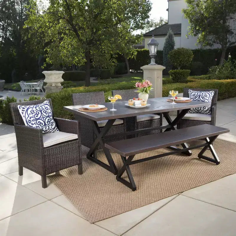 Set da pranzo da esterno Christopher Knight Home Aisha in vimini e alluminio, 6 pezzi, con panca