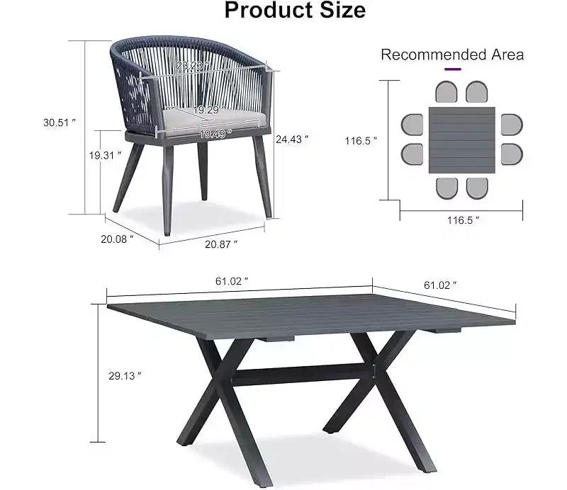 Set da pranzo da patio PURPLE LEAF in vimini resistente alle intemperie, set tavolo e sedie da esterno in alluminio per l'arredamento del giardino, set di mobili moderni per la cucina