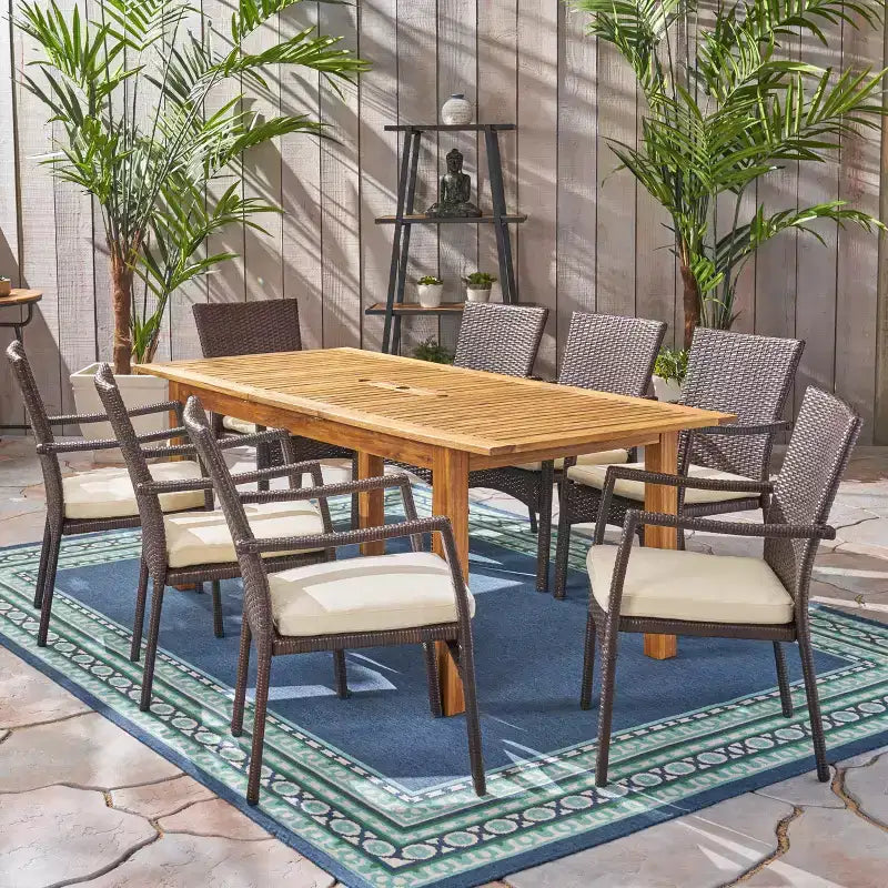 Christopher Knight Home Davenport Set da Pranzo Espandibile da Esterno a 9 Pezzi in Legno di Acacia e Vimini con Cuscini
