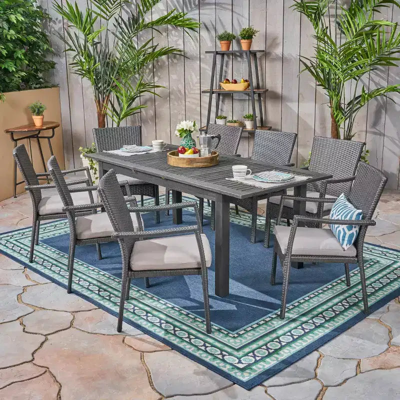 Christopher Knight Home Davenport Set da Pranzo Espandibile da Esterno a 9 Pezzi in Legno di Acacia e Vimini con Cuscini