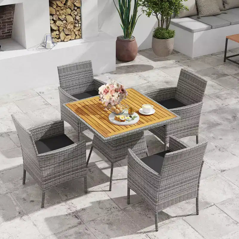 Costway 5 Pieces PE Wicker Patio Dining Set with Cushions and 1.97 Umbrella Hole