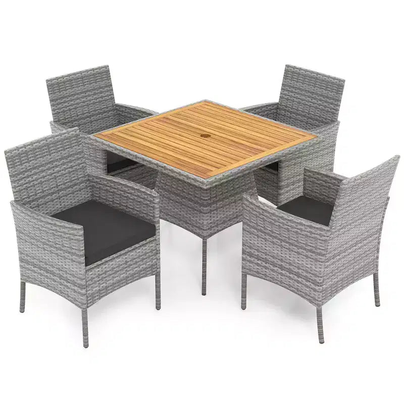 Set da pranzo da esterno Costway 5 pezzi in vimini PE con cuscini e foro per ombrellone da 5 cm