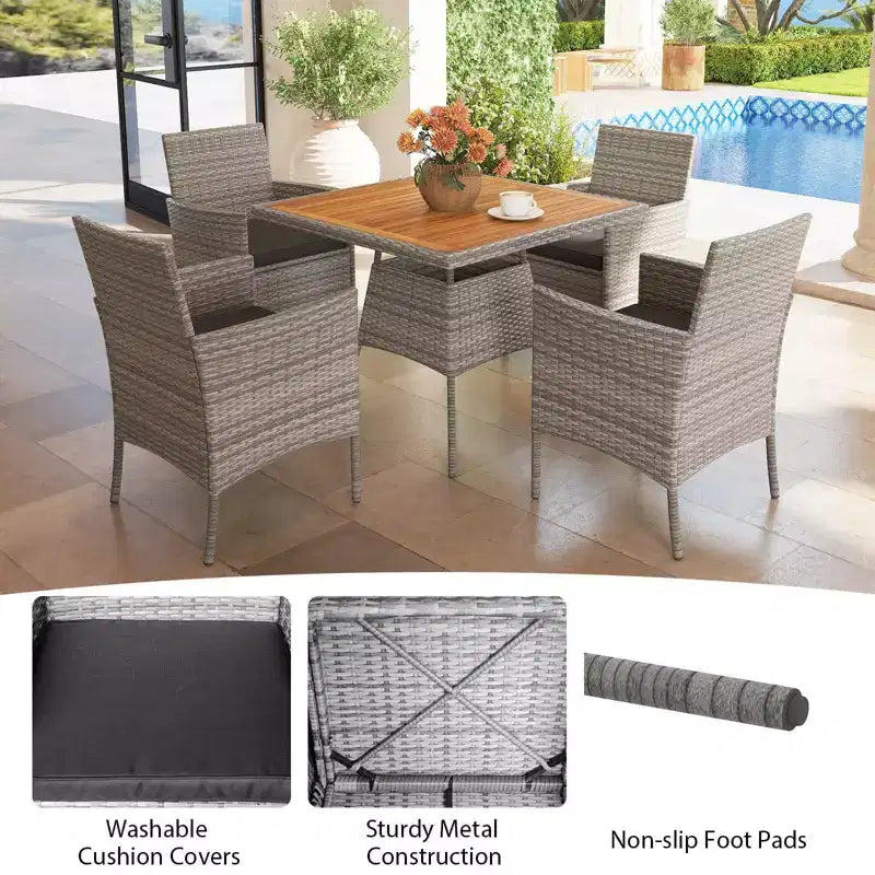 Set da pranzo da esterno Costway 5 pezzi in vimini PE con cuscini e foro per ombrellone da 5 cm
