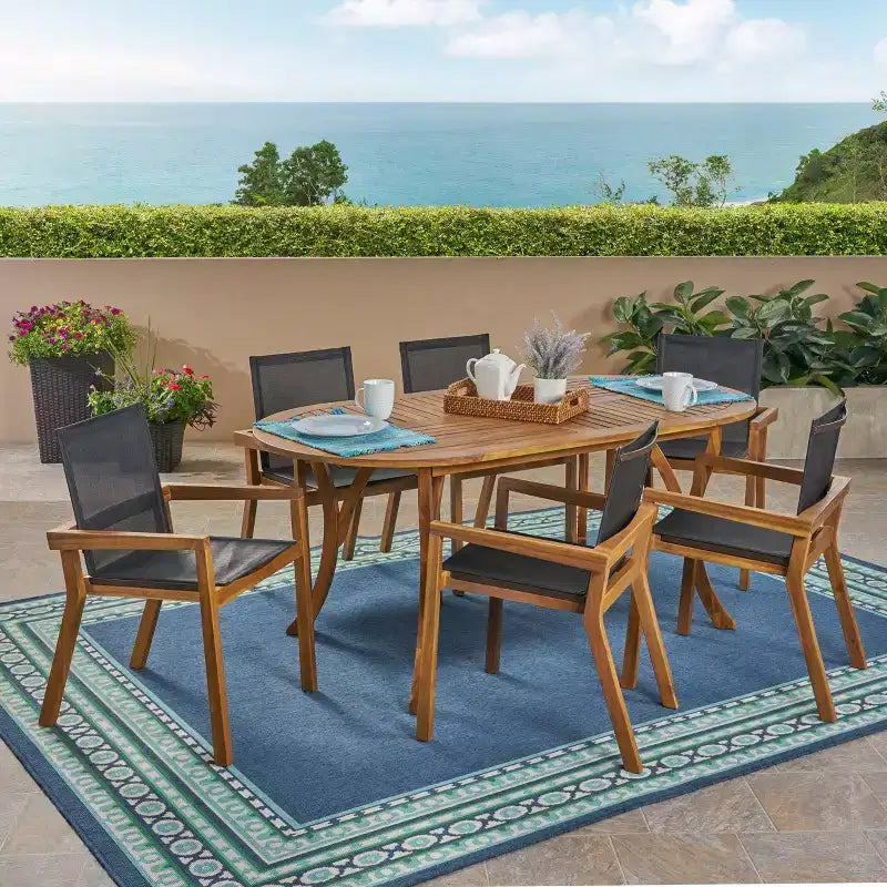 Christopher Knight Home Arletta Set da Pranzo da 7 Pezzi per Esterni in Rete e Legno di Acacia