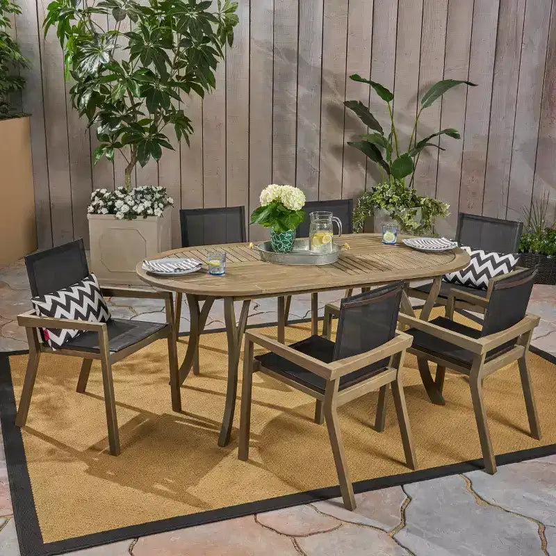 Christopher Knight Home Arletta Set da Pranzo da 7 Pezzi per Esterni in Rete e Legno di Acacia
