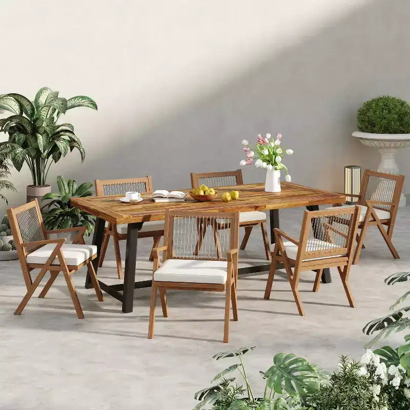 Christopher Knight Home Reynard, set da pranzo da 7 pezzi in legno di acacia da esterno con sedie con schienale in corda