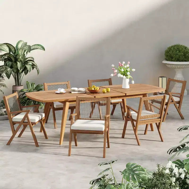 Christopher Knight Home Reynard set da pranzo da esterno espandibile 7 pezzi con tavolo in legno di acacia e sedie con schienale in corda