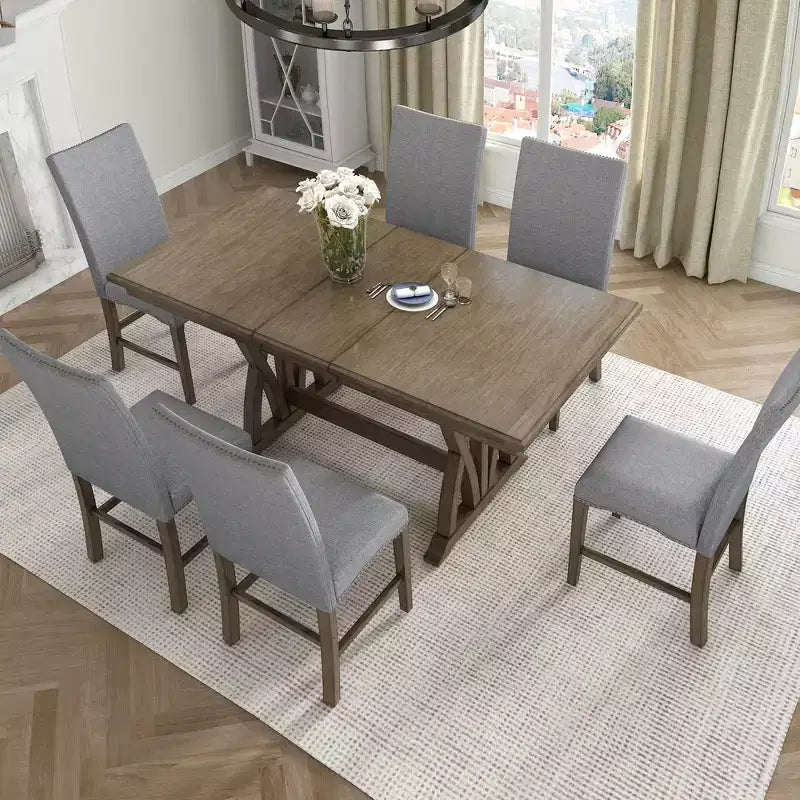 Set da pranzo estensibile da 7 pezzi per 6 persone, set da tavolo da pranzo con 6 sedie da pranzo imbottite, stile Mid-Century, marrone dorato+grigio-ModernLuxe