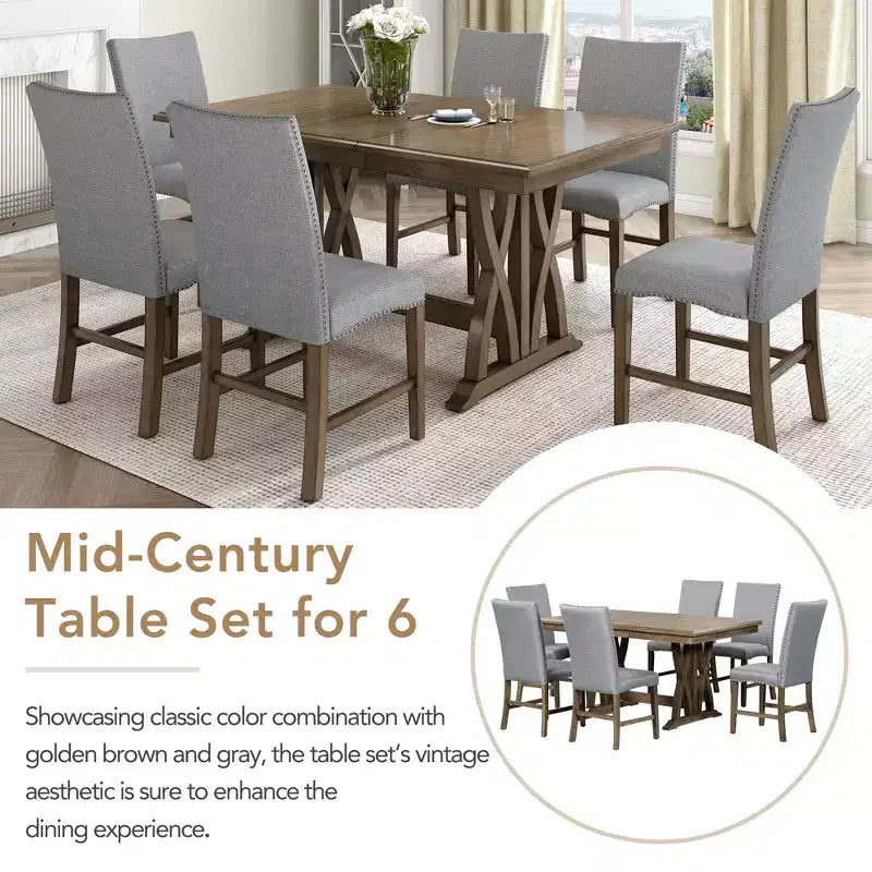 Set da pranzo estensibile da 7 pezzi per 6 persone, set da tavolo da pranzo con 6 sedie da pranzo imbottite, stile Mid-Century, marrone dorato+grigio-ModernLuxe