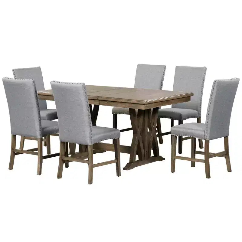Set da pranzo estensibile da 7 pezzi per 6 persone, set da tavolo da pranzo con 6 sedie da pranzo imbottite, stile Mid-Century, marrone dorato+grigio-ModernLuxe
