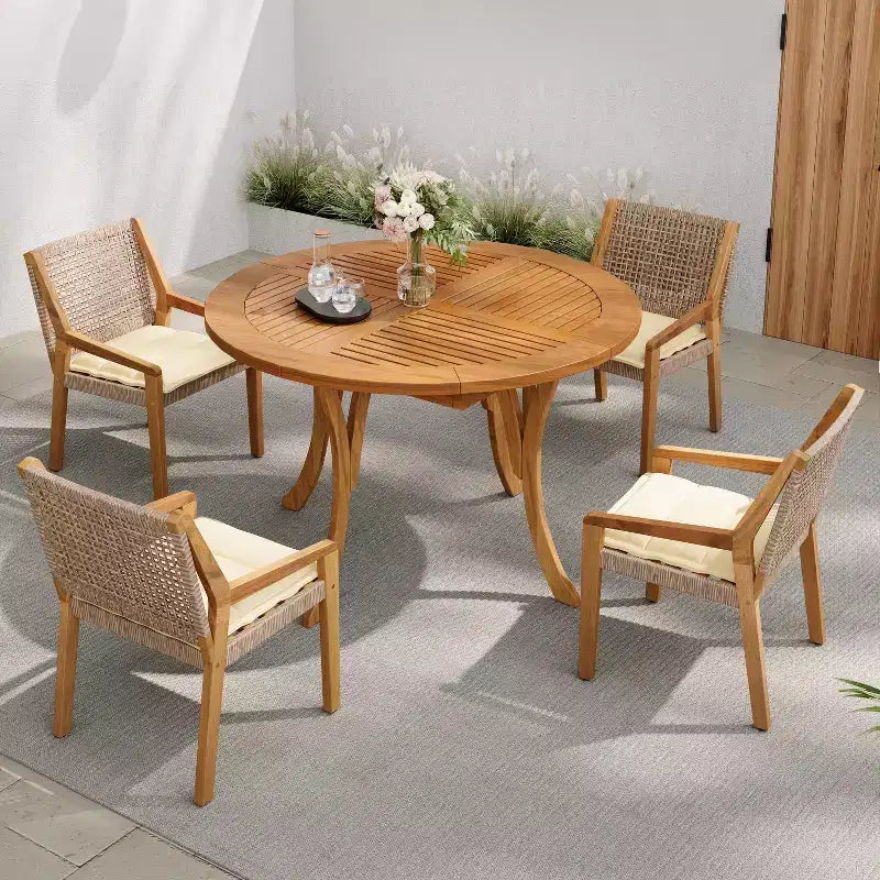 Christopher Knight Home Neva 5 Piece Outdoor Acacia Wood and Wicker Dining Set with Water-Resistant Cushions